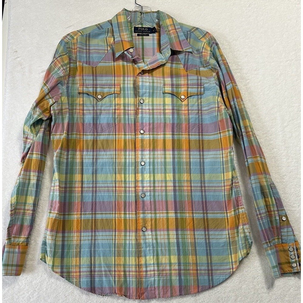 Polo Ralph Lauren Mens Size M Blue Beach Twill Log Sleeve Pearl Snap Shirt (K7)